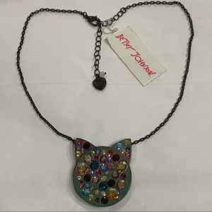 BETSEY JOHNSON Oil Slick Sparkling Crystals “Just Kitten” KITTY CAT NECKLACE!